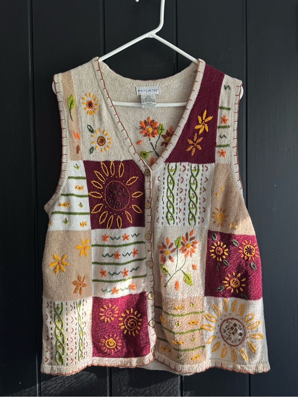 White Stag Embroidered Patchwork Vest - Fall/Autumn Flowers Sun 🍂☀️🌻